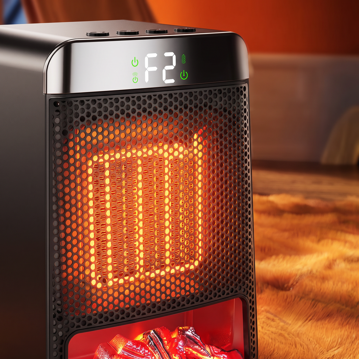 Close-up of the heating element and housing on the Portable Electric Space Heater, PTC Ceramic Heating, Overheat Protection for Desks, Bedrooms and Home Offices