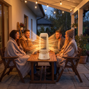 Portable Electric Space Heater, Thermostat, PTC Ceramic Heating, Overheat Protection for Desks, Bedrooms and Home Offices shown in a styled living room with a person relaxing nearby