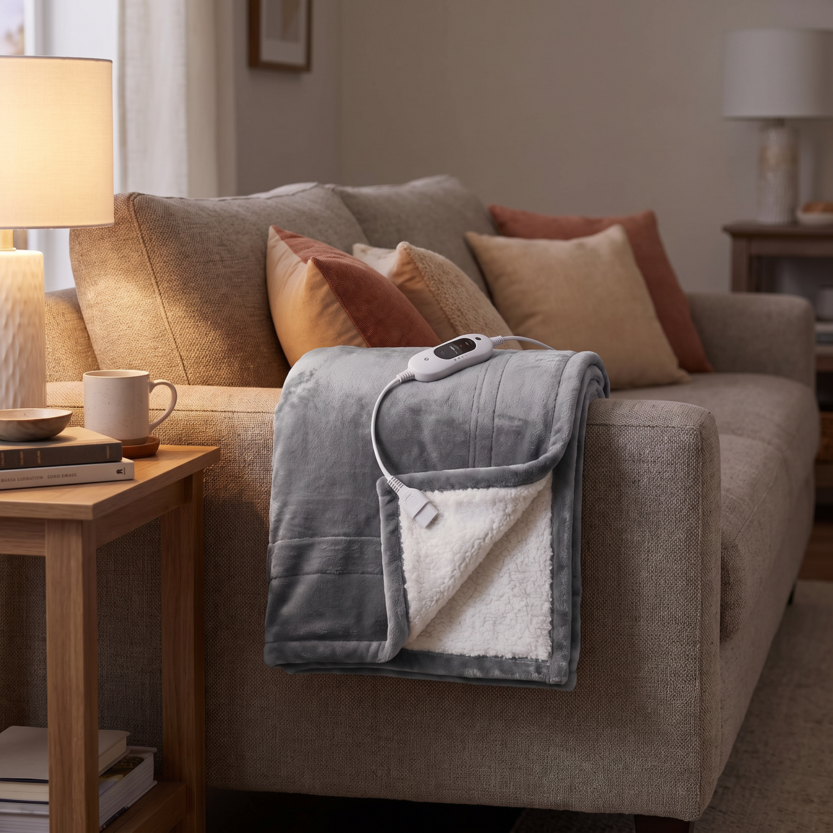 Electric Heated Throw Blanket, 5 Heat Levels, Soft Flannel Sherpa, Auto Shut-Off and Overheat Protection for Sofa and Bed viewed across a furnished room, showing its scale against the wall