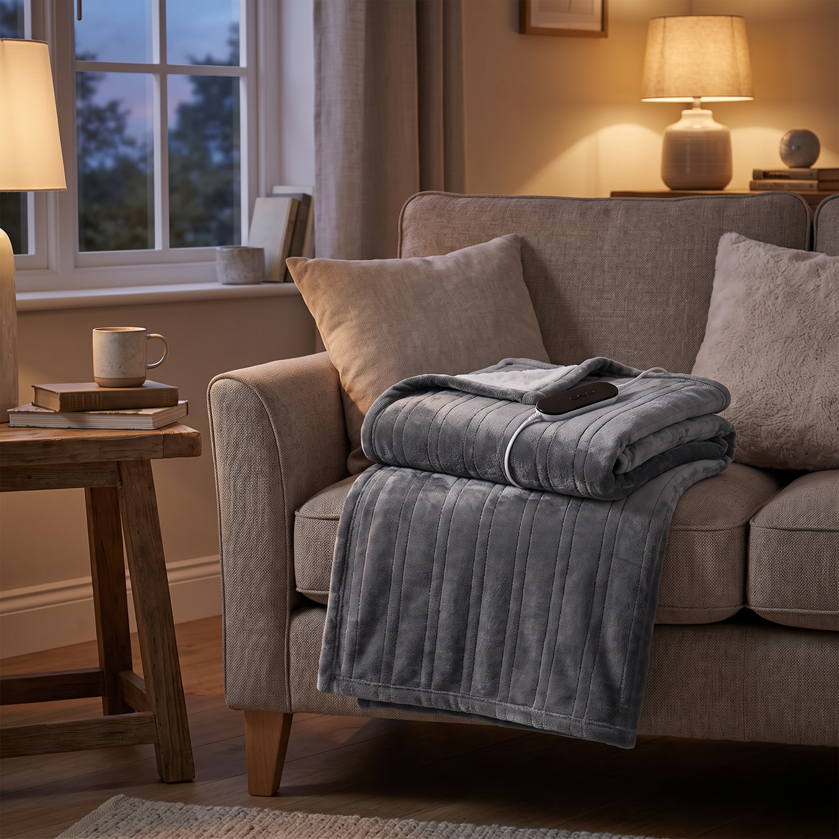 Flannel Heated Blanket with 9 Heat Levels & 12-Hour Auto-Off, 5-Second Fast Heating Electric Throw, Machine Washable viewed across a furnished room, showing its scale against the wall