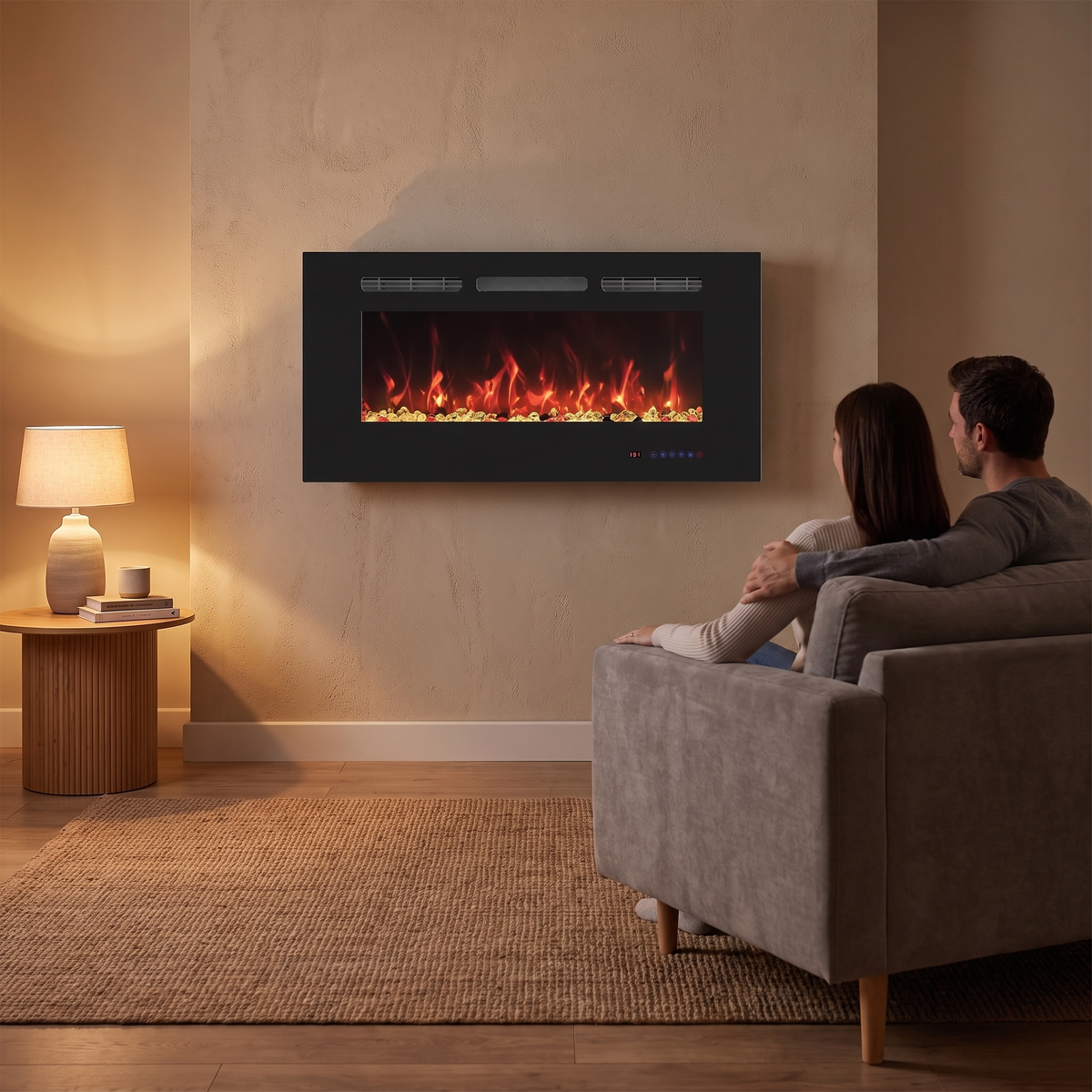 30 Inch Wall Mounted Electric Fireplace with Timer & Adjustable Flames, Compact Slim Fireplace Heater for Bedroom, Den & Apartment shown in a styled living room with a person relaxing nearby