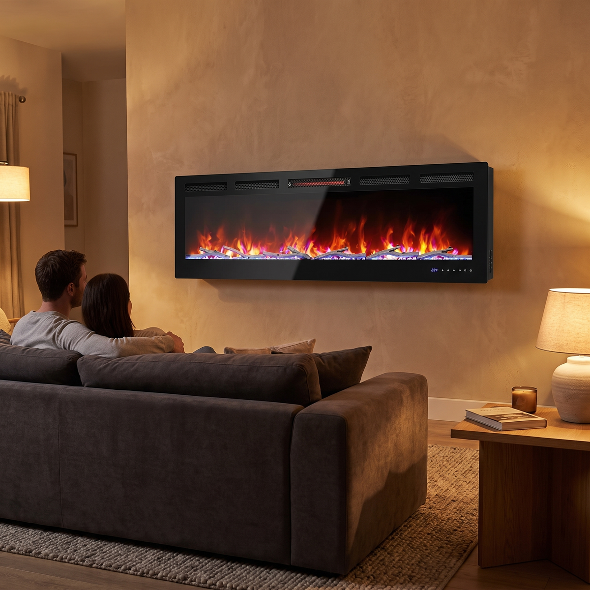 60 Inch Smart WiFi Electric Fireplace, Recessed & Wall-Mounted Linear Fireplace with Realistic Flame & 1500W Quartz Heater shown in a styled living room with a person relaxing nearby