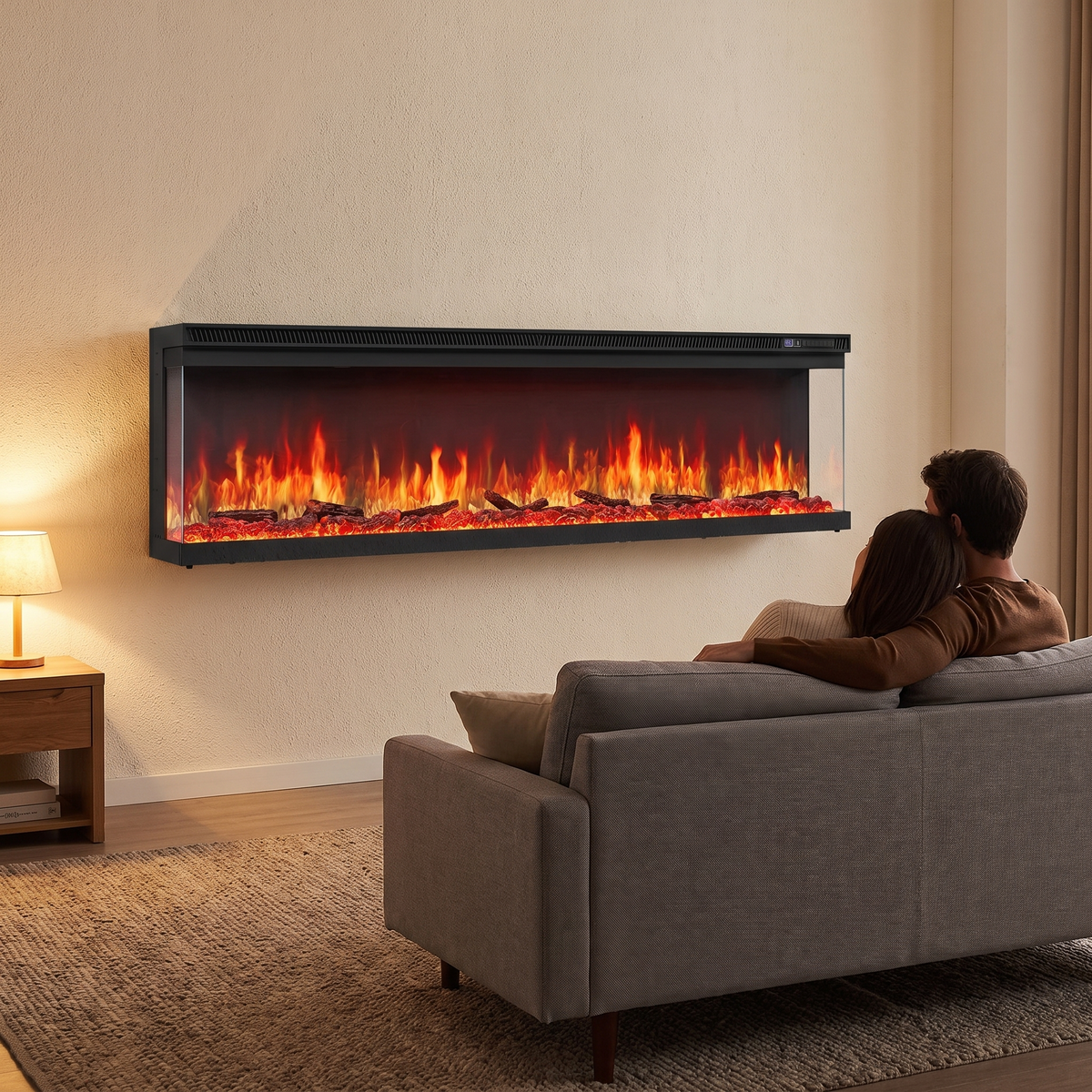 3-Sided Wall Mount Electric Fireplace, Recessed & Built-In Design with WiFi Remote, 1500W Heater shown in a styled living room with a person relaxing nearby
