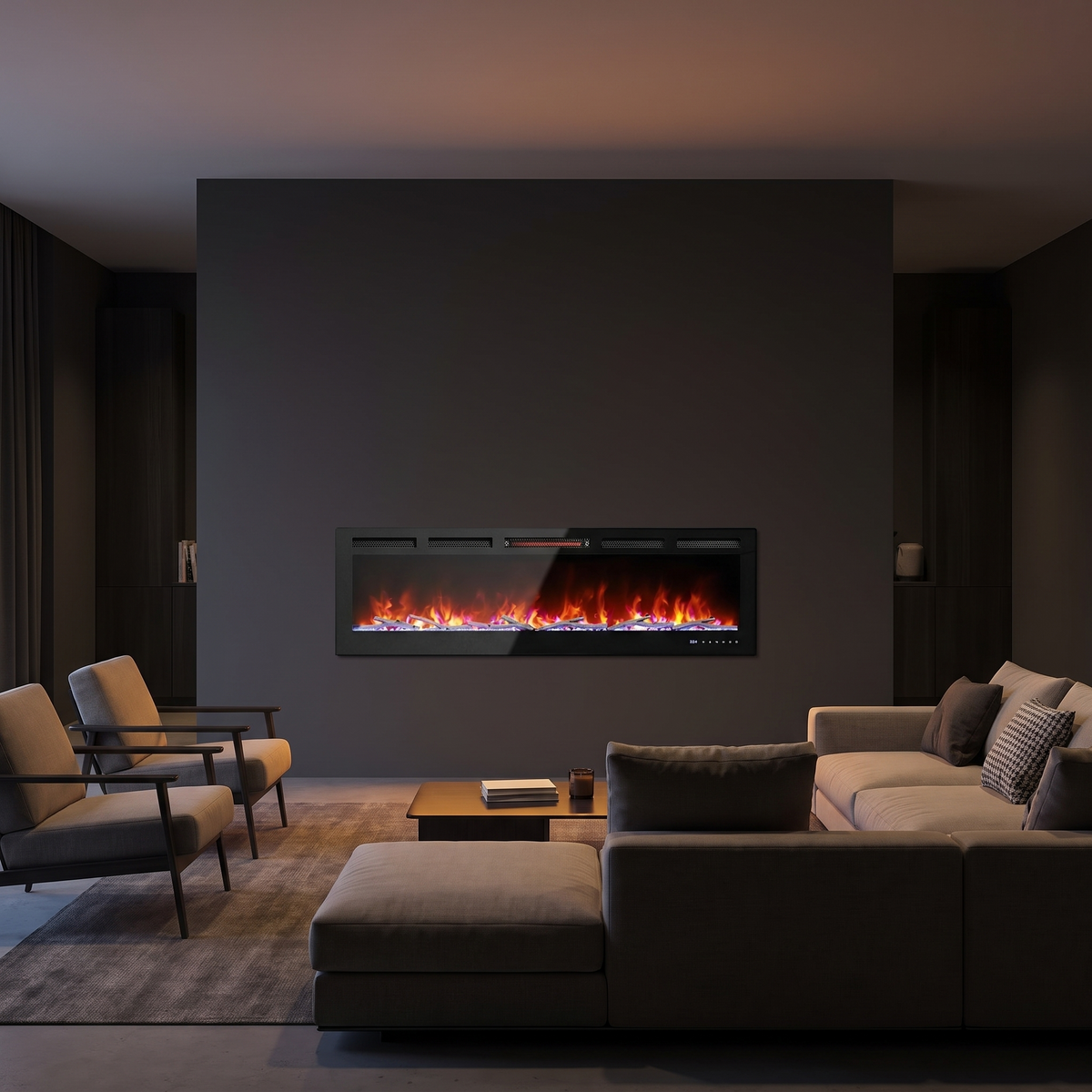 60 Inch Smart WiFi Electric Fireplace, Recessed & Wall-Mounted Linear Fireplace with Realistic Flame & 1500W Quartz Heater viewed across a furnished room, showing its scale against the wall
