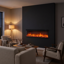 3-Sided Wall Mount Electric Fireplace, Recessed & Built-In Design with WiFi Remote, 1500W Heater viewed across a furnished room, showing its scale against the wall