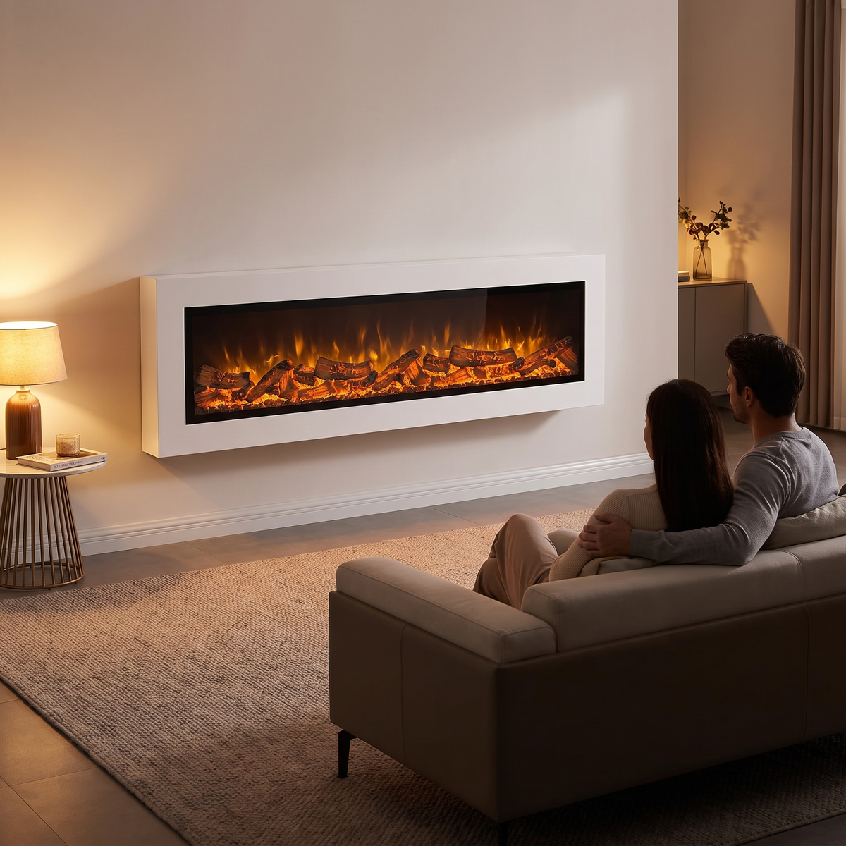 Smart 39-70" Ultra-Thin Recessed Electric Fireplace – Wall-Mounted, 150W, Realistic Flame Home Decor shown in a styled living room with a person relaxing nearby