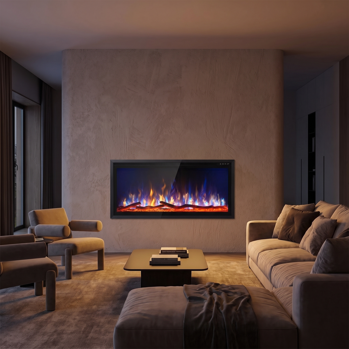 60 Inch Recessed Electric Fireplace, 750W/1500W Wall-Mounted Linear Fireplace with Smart Heat & Adjustable Flame viewed across a furnished room, showing its scale against the wall