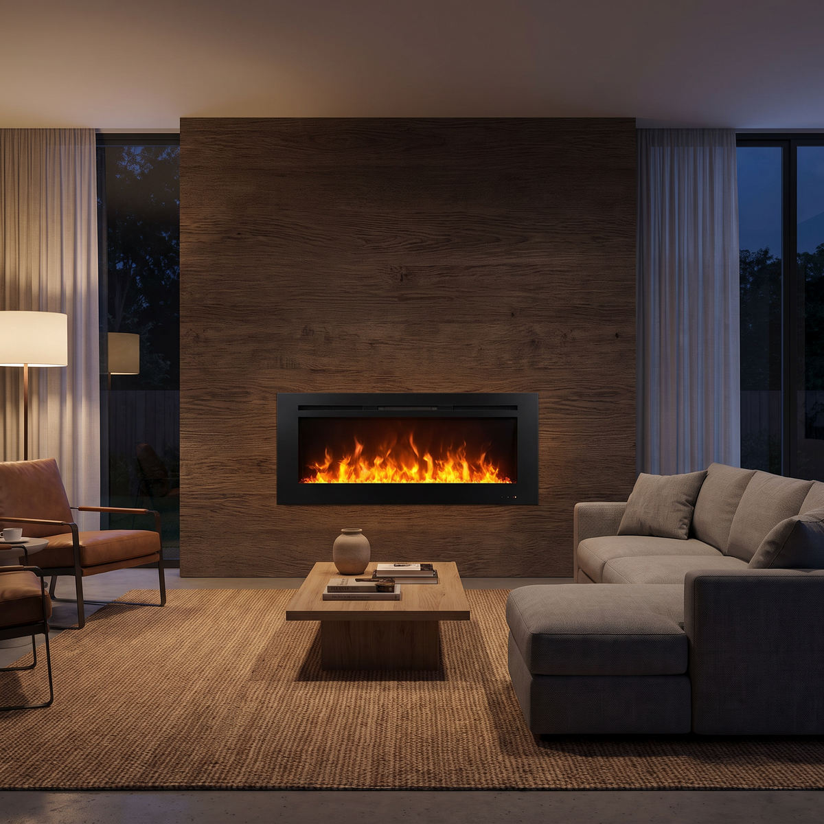 Electric Steam Fireplace, 1500W Metal Water Vapor Fireplace with 3D LED Flame, App-Controlled Freestanding Heater viewed across a furnished room, showing its scale against the wall