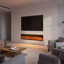 750W Freestanding Linear Electric Fireplace with Adjustable Flame Brightness, Crystal & Log Bed, Modern Black Frame viewed across a furnished room, showing its scale against the wall