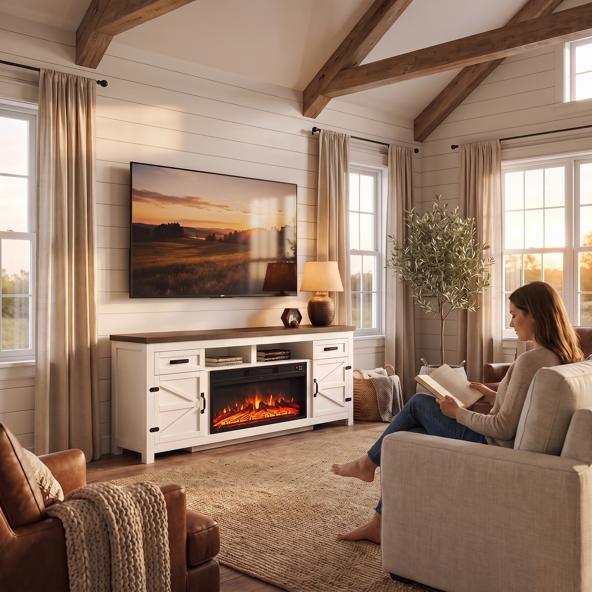 80 Inch Farmhouse Fireplace TV Stand with Barn Doors for TVs up to 90 Inch, Electric Fireplace Entertainment Center with Storage Cabinets, White shown in a styled living room with a person relaxing nearby