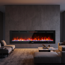 60 Inch Smart Infrared Electric Fireplace with Crackling Sound, WiFi Recessed Fireplace with Realistic Flame & 1500W Heater viewed across a furnished room, showing its scale against the wall