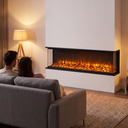 750W Freestanding Linear Electric Fireplace with Adjustable Flame Brightness, Crystal & Log Bed, Modern Black Frame shown in a styled living room with a person relaxing nearby