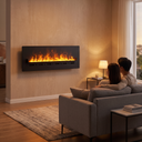 Electric Steam Fireplace, 1500W Metal Water Vapor Fireplace with 3D LED Flame, App-Controlled Freestanding Heater shown in a styled living room with a person relaxing nearby