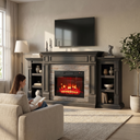 72 Inch Electric Fireplace TV Stand with Mantel for TVs up to 80 Inch, Modern Black Entertainment Center shown in a styled living room with a person relaxing nearby