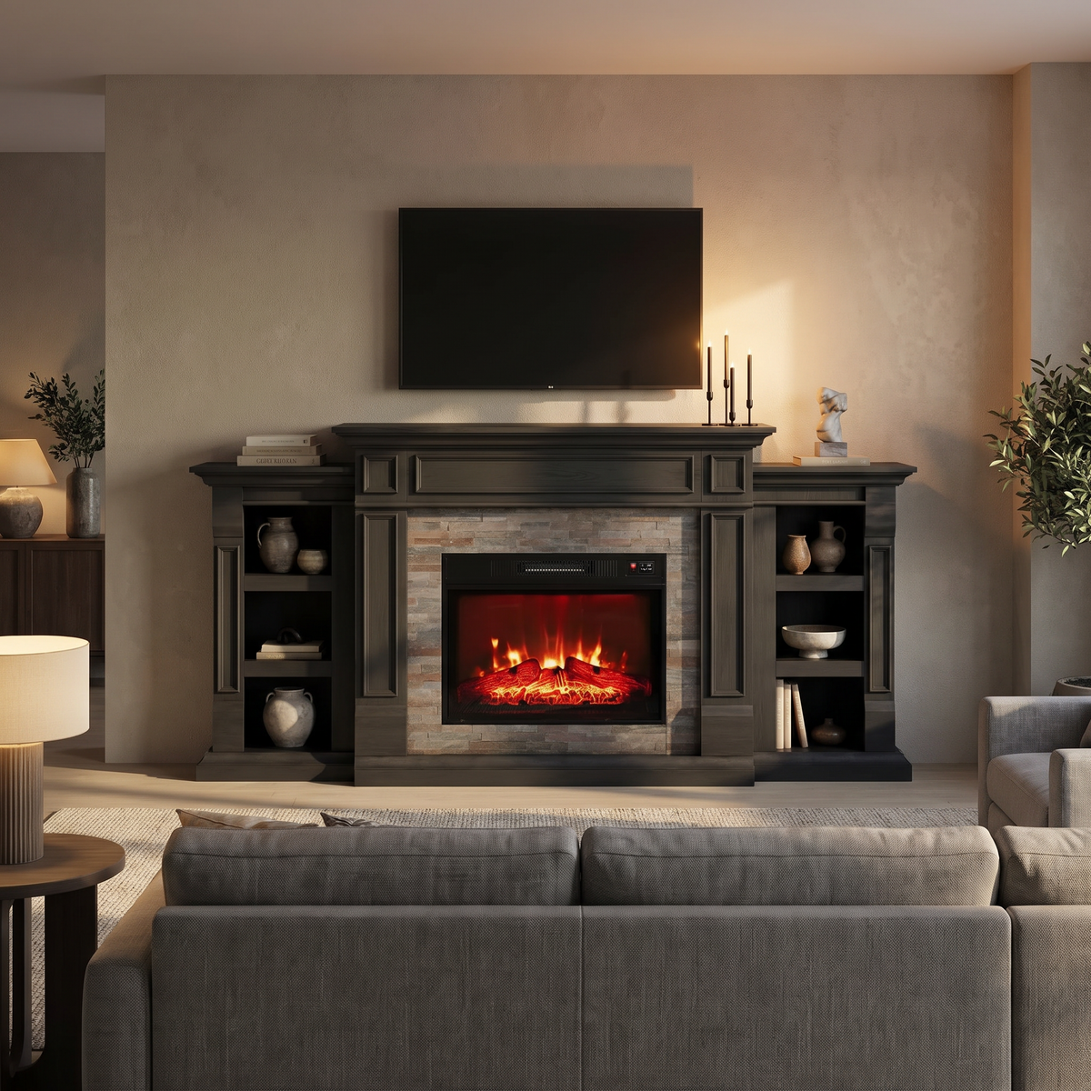 72 Inch Electric Fireplace TV Stand with Mantel for TVs up to 80 Inch, Modern Black Entertainment Center viewed across a furnished room, showing its scale against the wall