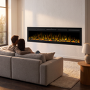 80 Inch Wall-mounted And Recessed Electric Fireplace, Multi Flame And Log Bed Colors W Smart APP Control shown in a styled living room with a person relaxing nearby