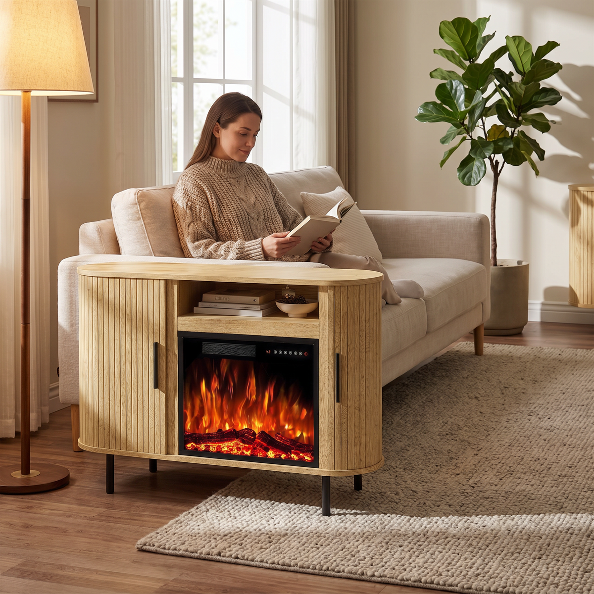 65" Fluted Fireplace TV Stand for TVs Up to 75 inches, Modern Entertainment Center with 23" Electric Fireplace, Wooden shown in a styled living room with a person relaxing nearby