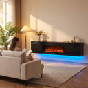 70 Inch Floating TV Stand with 36 Inch Electric Fireplace, Wall Mounted Entertainment Center with Storage for Living Room shown in a styled living room with a person relaxing nearby