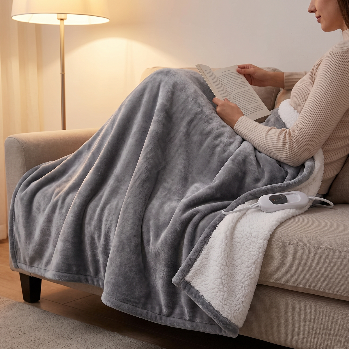 Electric Heated Throw Blanket, 5 Heat Levels, Soft Flannel Sherpa, Auto Shut-Off and Overheat Protection for Sofa and Bed shown in a styled living room with a person relaxing nearby