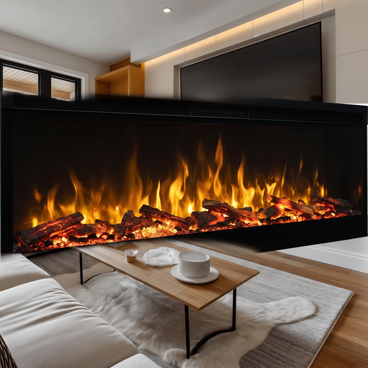 Close-up of the flame and ember bed on the 80 Inch Wall-mounted And Recessed Electric Fireplace, Multi Flame And Log Bed Colors W Smart APP Control