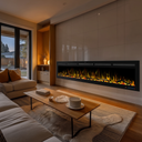 80 Inch Wall-mounted And Recessed Electric Fireplace, Multi Flame And Log Bed Colors W Smart APP Control viewed across a furnished room, showing its scale against the wall