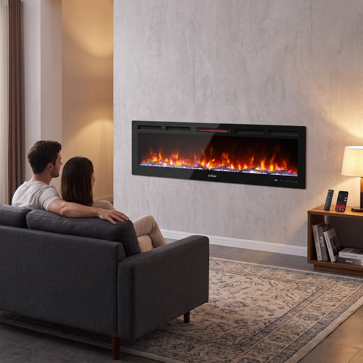 60 Inch Smart Infrared Electric Fireplace with Crackling Sound, WiFi Recessed Fireplace with Realistic Flame & 1500W Heater shown in a styled living room with a person relaxing nearby