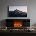 65" Fireplace TV Stand w/ 23" Electric Fireplace, Modern Media Entertainment Center Console Table for TVs up to 70" viewed across a furnished room, showing its scale against the wall