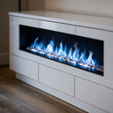 Close-up of the firebox and flame on the 80 Inch Electric Fireplace TV Stand, Modern Media Console Entertainment Center, Adjustable LED Flame for Living Rooms
