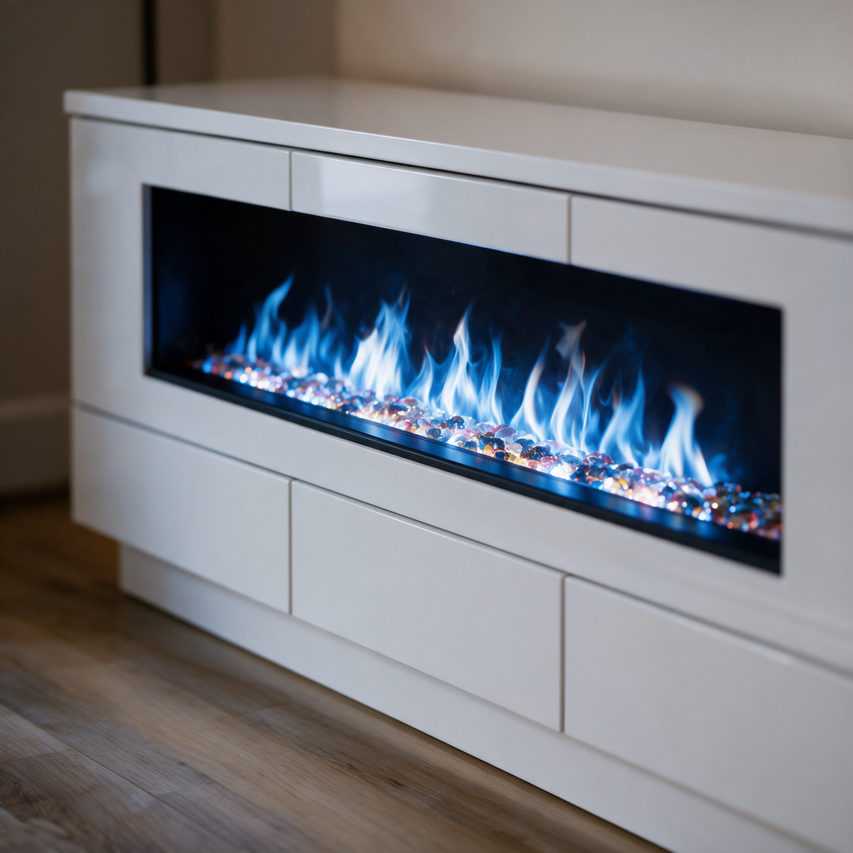 Close-up of the firebox and flame on the 80 Inch Electric Fireplace TV Stand, Modern Media Console Entertainment Center, Adjustable LED Flame for Living Rooms