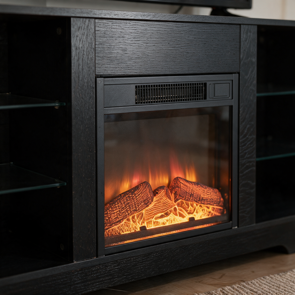 Close-up of the firebox and flame on the Electric Fireplace TV Stand, Glass Front, Modern Media Console Entertainment Center, Adjustable LED Flame for Living Rooms