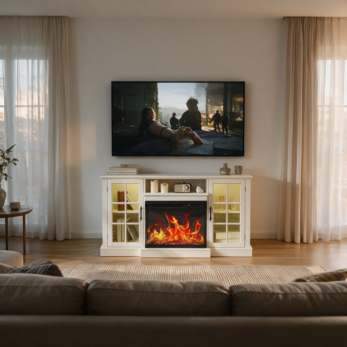 59 Inch Electric Fireplace TV Stand, Modern Media Console Entertainment Center, Storage Cabinets for Living Rooms viewed across a furnished room, showing its scale against the wall