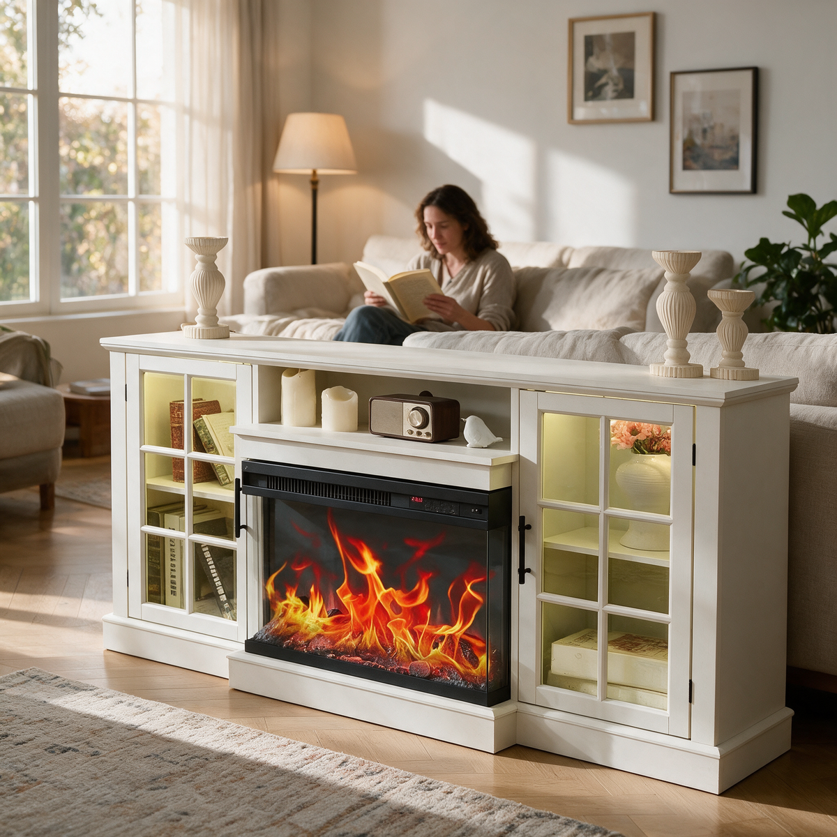 59 Inch Electric Fireplace TV Stand, Modern Media Console Entertainment Center, Storage Cabinets for Living Rooms shown in a styled living room with a person relaxing nearby