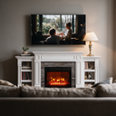 Electric Fireplace TV Stand for TVs up to 100 Inch, Farmhouse Media Console Entertainment Center, Adjustable LED Flame for Living Rooms viewed across a furnished room, showing its scale against the wall