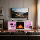Electric Fireplace TV Stand for TVs up to 65 Inch, 18" Firebox, Modern Media Console Entertainment Center, Adjustable LED Flame for Living Rooms viewed across a furnished room, showing its scale against the wall