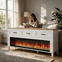 Fireplace TV Stand for 65-75 Inch TVs, Entertainment Center with Electric Fireplace for Living Room shown in a styled living room with a person relaxing nearby