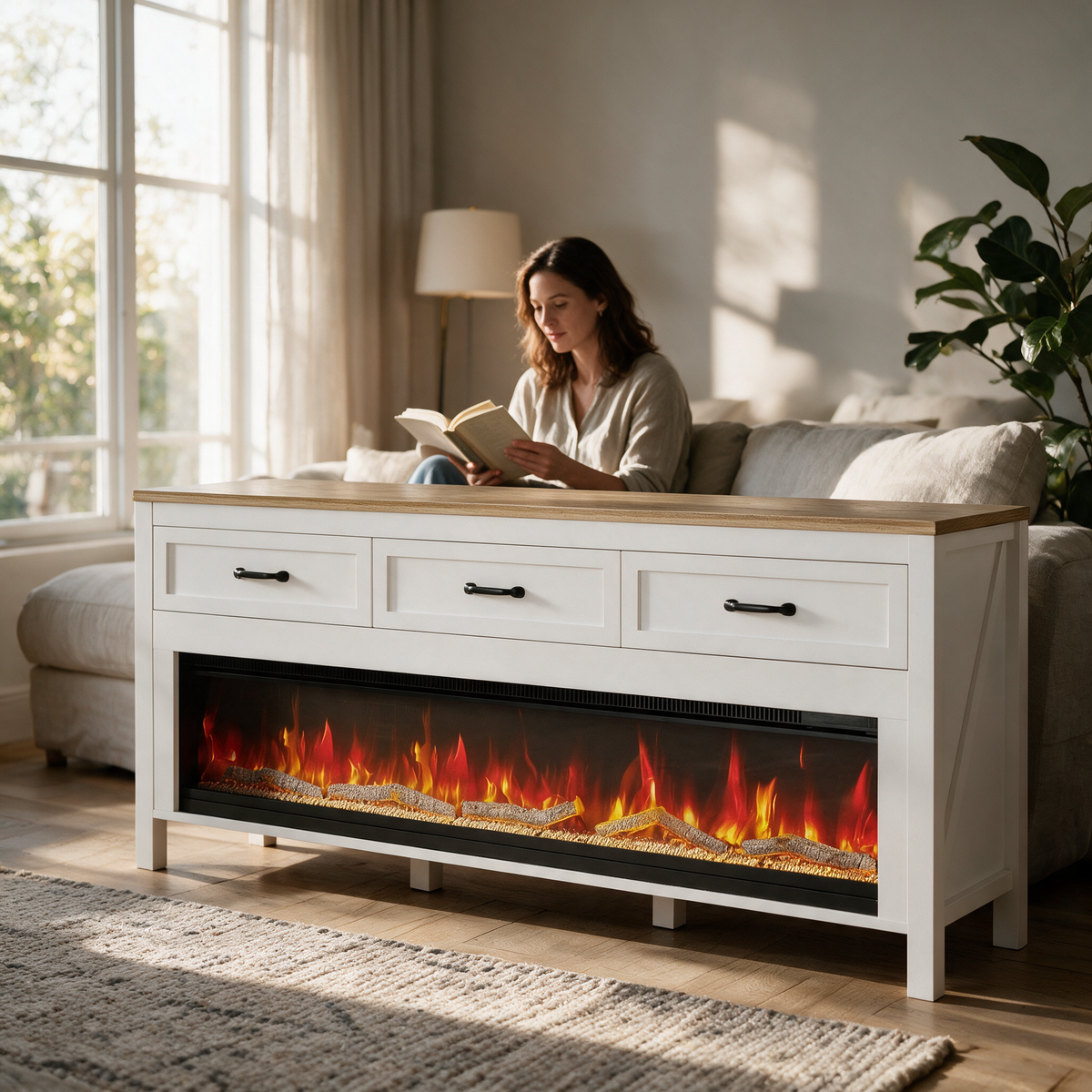 Fireplace TV Stand for 65-75 Inch TVs, Entertainment Center with Electric Fireplace for Living Room shown in a styled living room with a person relaxing nearby