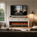 Fireplace TV Stand for 65-75 Inch TVs, Entertainment Center with Electric Fireplace for Living Room viewed across a furnished room, showing its scale against the wall