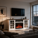 Electric Fireplace TV Stand, Modern Media Console Entertainment Center, Storage Cabinets for Living Rooms viewed across a furnished room, showing its scale against the wall