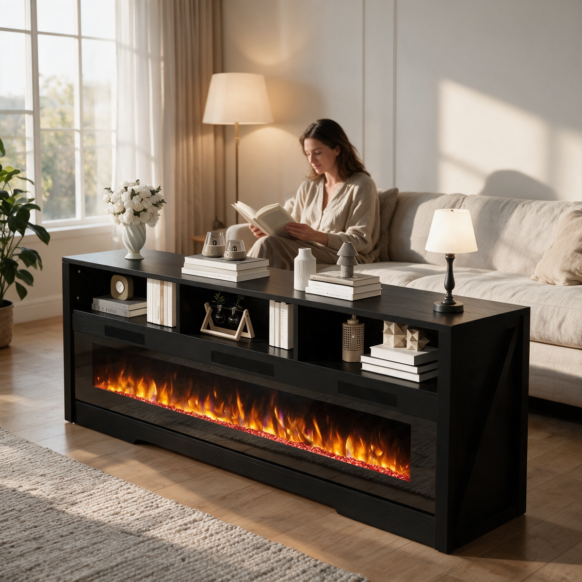 65 Inch Electric Fireplace TV Stand for TVs up to 75 Inch, Glass Front, Modern Media Console Entertainment Center for Living Rooms shown in a styled living room with a person relaxing nearby