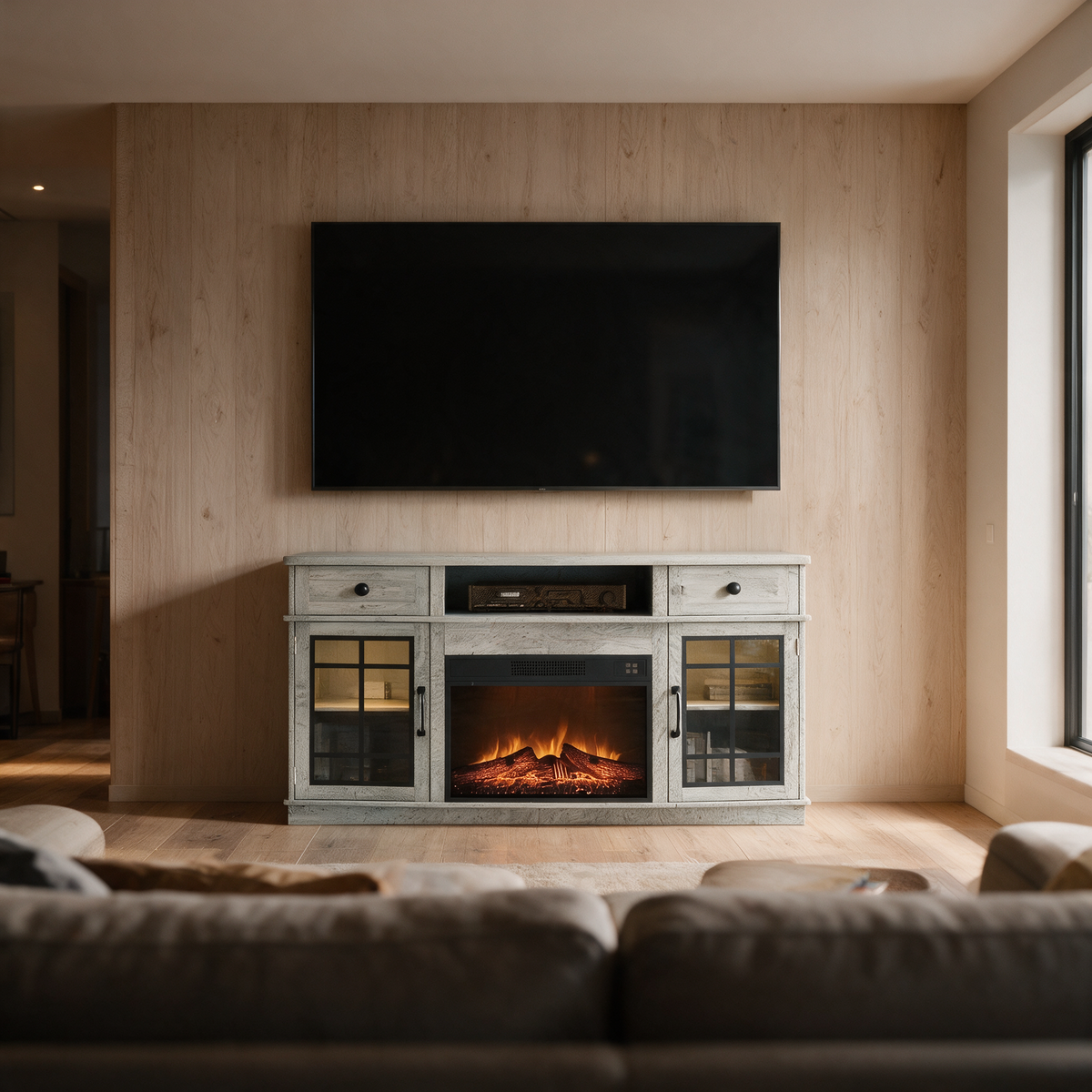 Electric Fireplace TV Stand for TVs up to 65 Inch, Curved Front, Modern Media Console Entertainment Center, Adjustable LED Flame for Living Rooms viewed across a furnished room, showing its scale against the wall