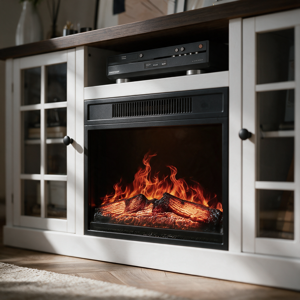 Close-up of the firebox and flame on the Electric Fireplace TV Stand, Modern Media Console Entertainment Center, Storage Cabinets for Living Rooms