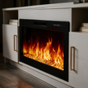 Close-up of the firebox and flame on the Electric Fireplace TV Stand, Modern Media Console Entertainment Center, Adjustable LED Flame for Living Rooms