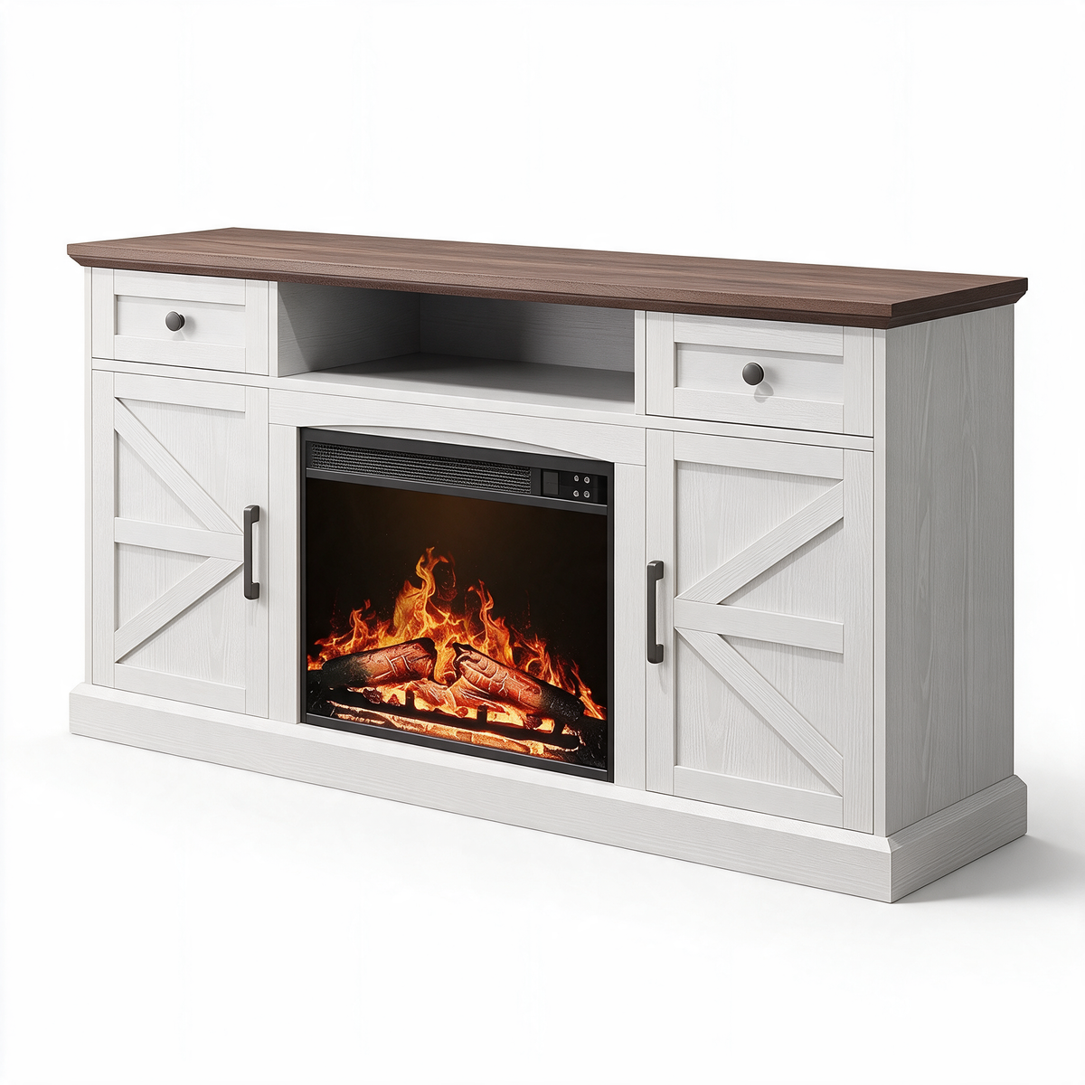Farmhouse Fireplace TV Stand for TVs up to 70 Inch, Entertainment Center with 23 Inch Electric Fireplace, Drawers & Storage, Antique White
