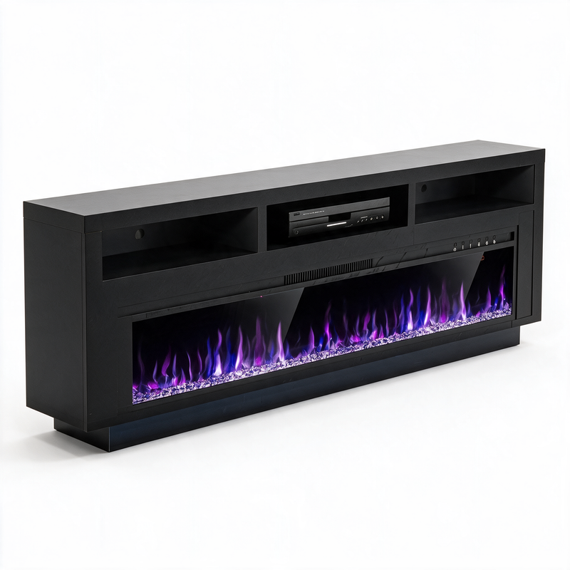 65 Inch TV Stand with Electric Fireplace, Black LED Entertainment Center with Storage Cabinet