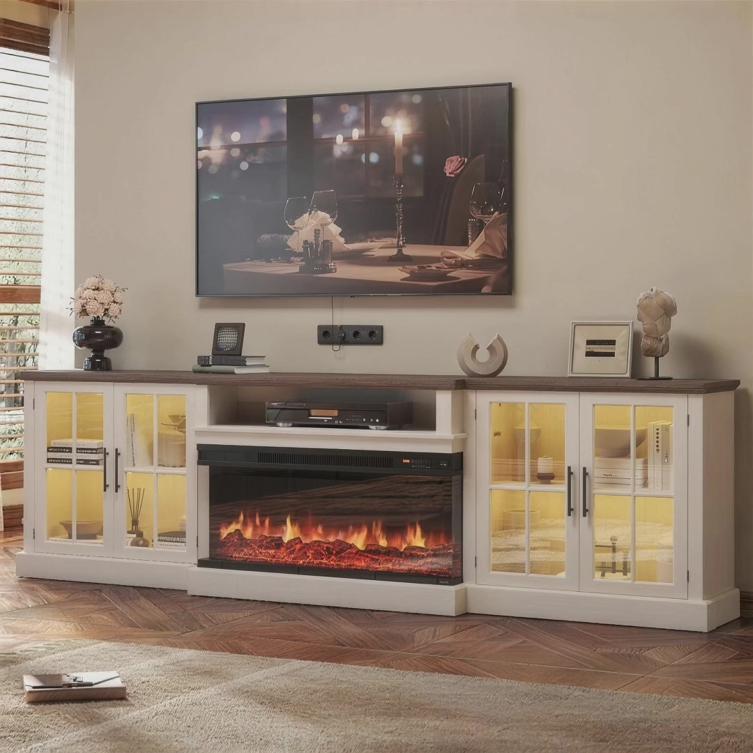 98 Inch Farmhouse Fireplace TV Stand for TVs up to 100 Inch - product video