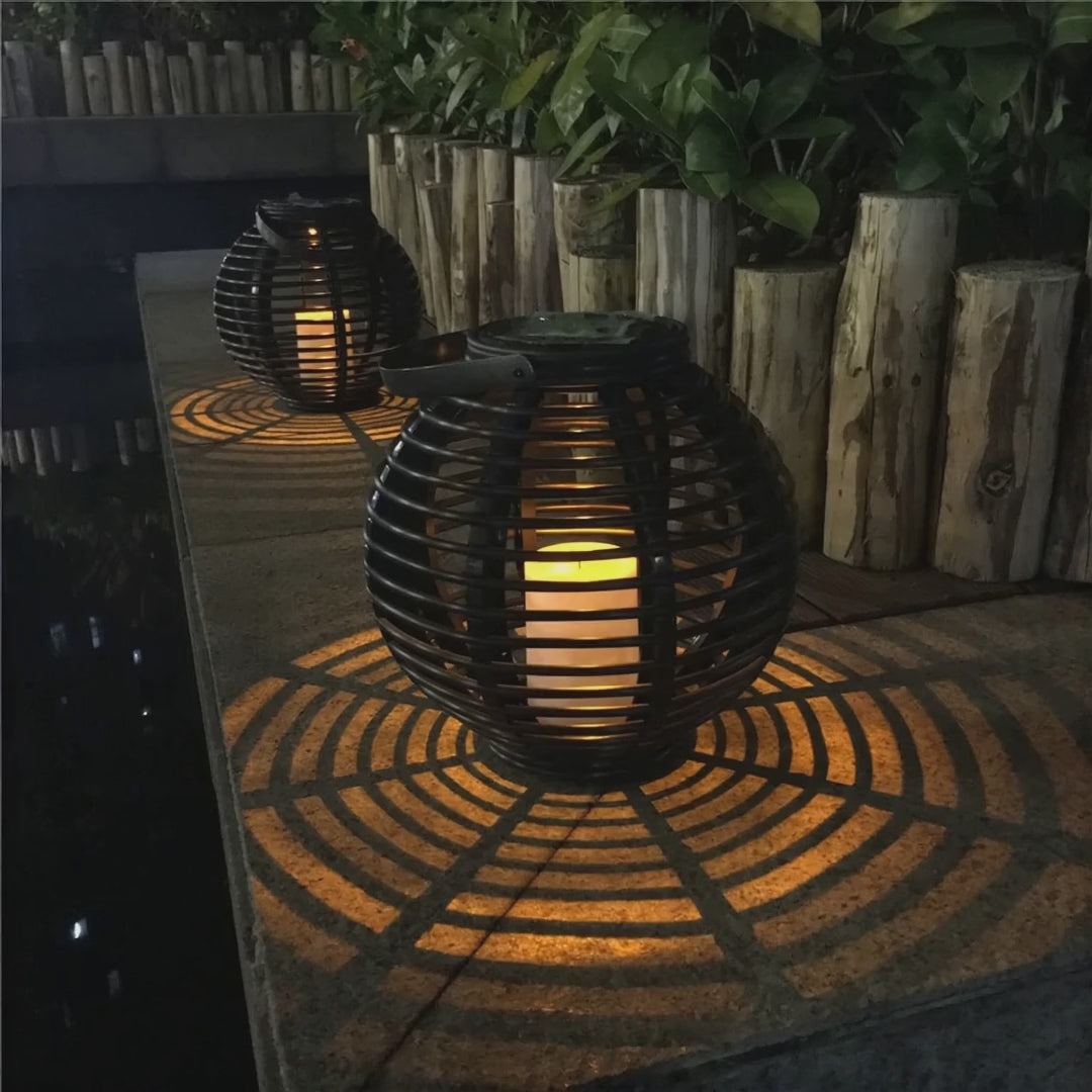 Solar Rattan-Style Globe Lantern with Flickering Flame-Effect LED Candle - product video